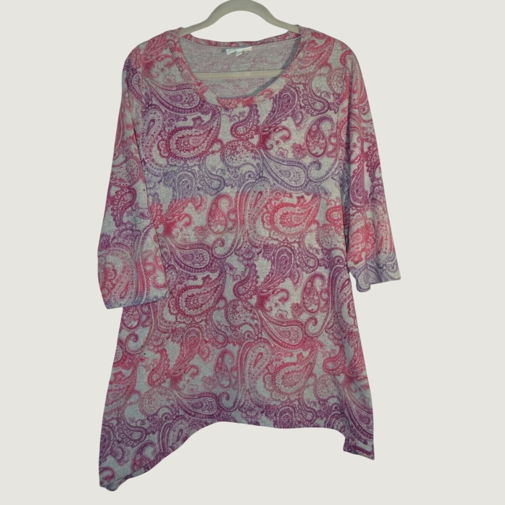 Fashion Bug Pink Purple Paisley Sharkbite Tunic Top 18/20W 3/4 Sleeve Heathered